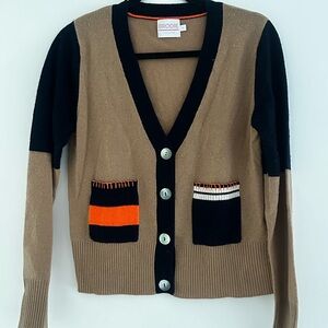 Brodie Cashmere Tan and Navy Cardigan with Orange Accents